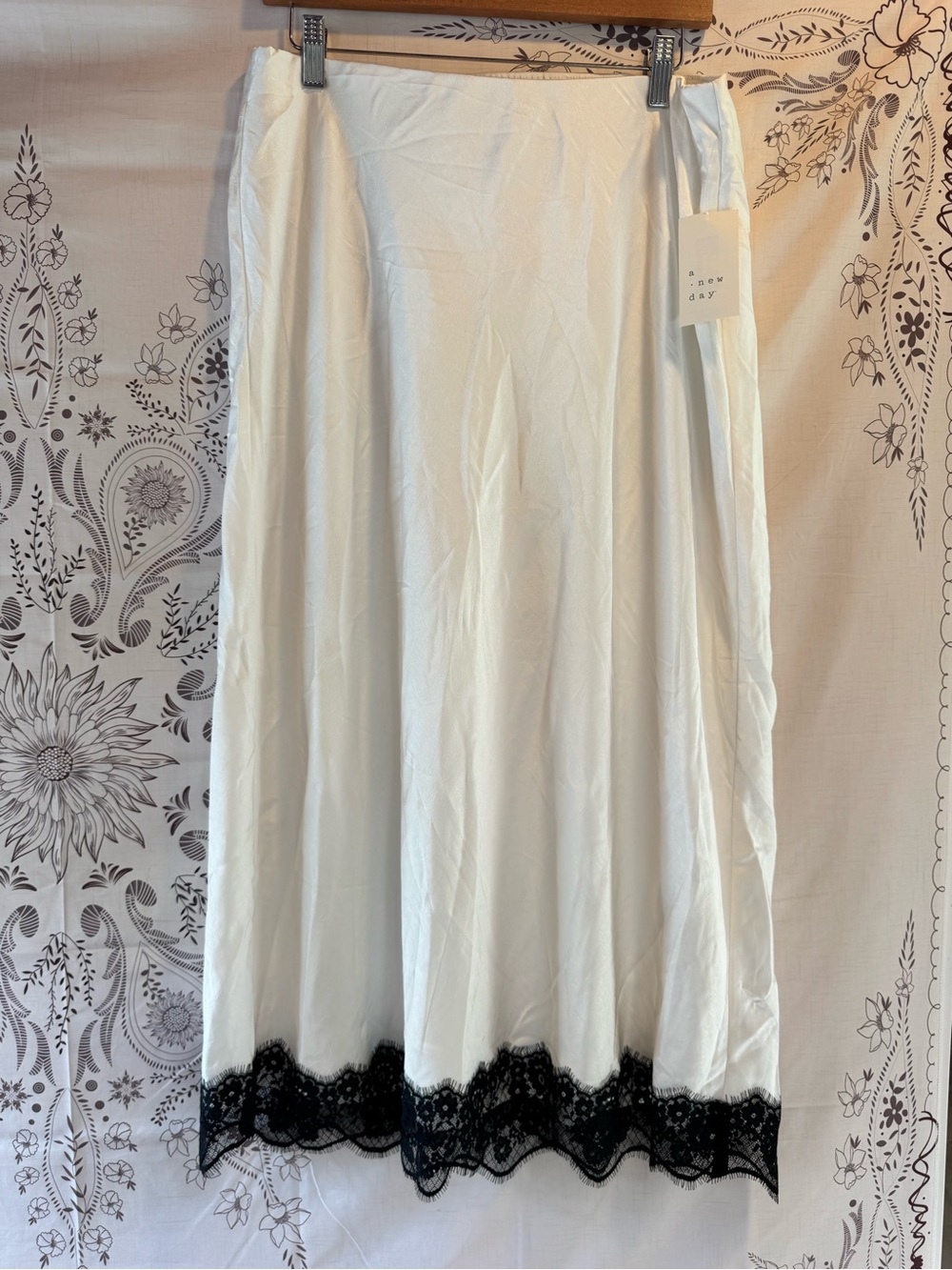 A new day Silk Slip Skirt with Black Lace Trim - Ivory